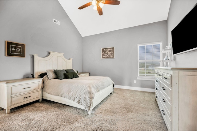 1021 Tulip Dr, Ashland City, TN 37015 - bedroom featuring light colored carpet, high vaulted ceiling, and a ceiling fan