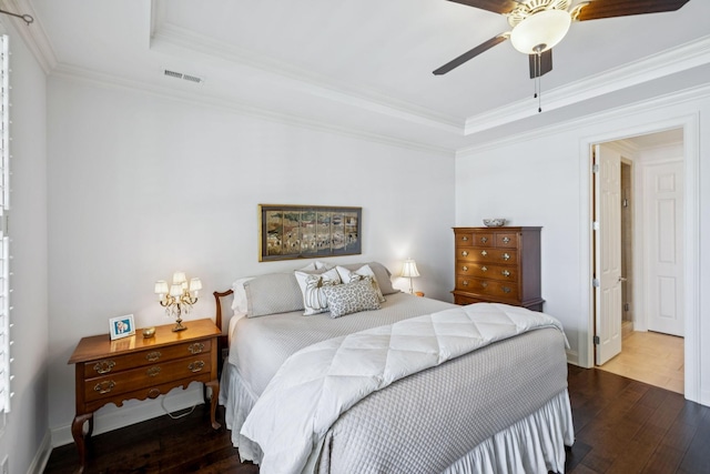 9020 Wenlock Ln, Franklin, TN 37064 - bedroom featuring a raised ceiling, hardwood / wood-style floors, ornamental molding, and ceiling fan