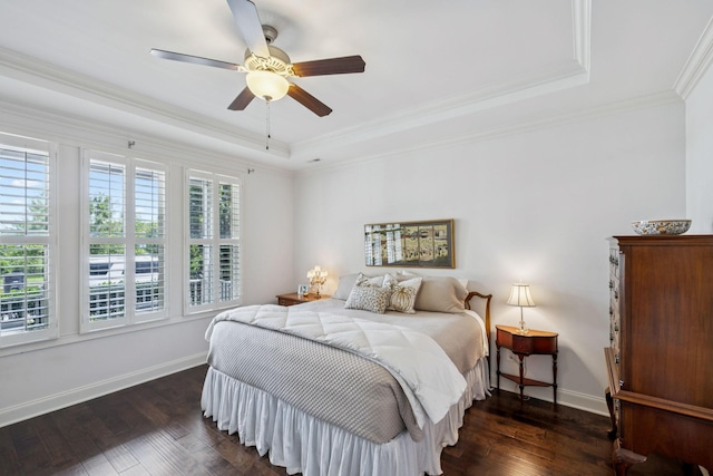 9020 Wenlock Ln, Franklin, TN 37064 - bedroom with a raised ceiling, dark wood-style floors, ornamental molding, and a ceiling fan