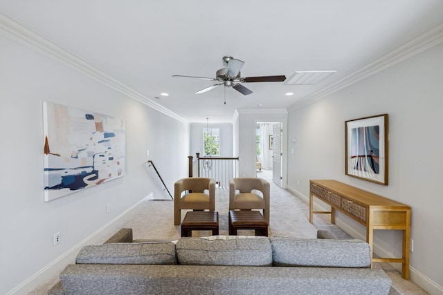 9020 Wenlock Ln, Franklin, TN 37064 - living area featuring crown molding, a ceiling fan, light colored carpet, and recessed lighting