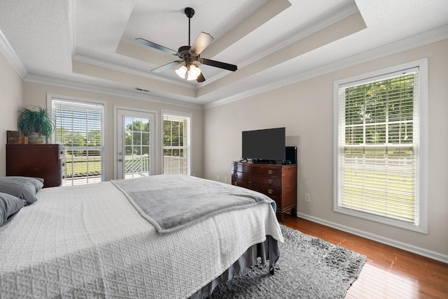 4328 Monticello Trce, Adams, TN 37010 - bedroom with a tray ceiling, ornamental molding, access to outside, wood finished floors, and ceiling fan