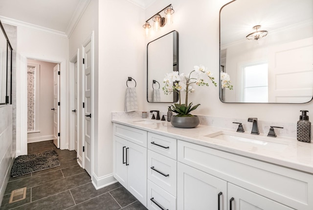 3515 Shellmans Dr, Murfreesboro, TN 37129 - bathroom with crown molding, double vanity, tile patterned flooring, and an enclosed shower