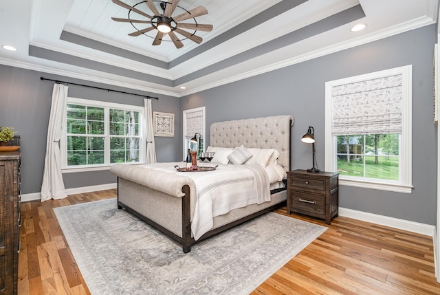 3515 Shellmans Dr, Murfreesboro, TN 37129 - bedroom featuring a raised ceiling, crown molding, light wood finished floors, recessed lighting, and ceiling fan