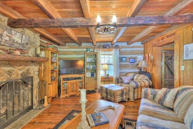 569 Hogans Branch Rd, Hendersonville, TN 37075 - living room with a wooden ceiling with exposed beams, wood-type flooring, wood walls, and a stone fireplace