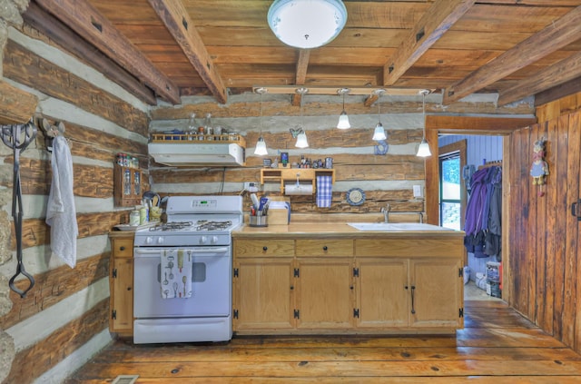 569 Hogans Branch Rd, Hendersonville, TN 37075 - kitchen with white gas range, under cabinet range hood, hardwood / wood-style floors, a wooden ceiling with exposed beams, and wooden walls