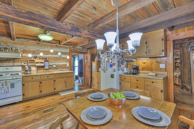 569 Hogans Branch Rd, Hendersonville, TN 37075 - dining area featuring wood walls, light wood-type flooring, a wooden ceiling with exposed beams, and a chandelier