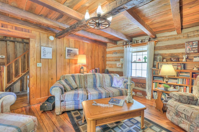 569 Hogans Branch Rd, Hendersonville, TN 37075 - living area with hardwood / wood-style floors, a wood ceiling with exposed beams, wooden walls, and a ceiling fan