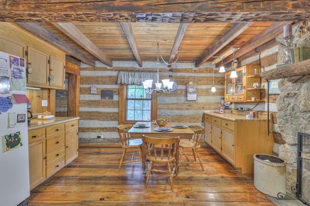 569 Hogans Branch Rd, Hendersonville, TN 37075 - dining area featuring a wood ceiling with exposed beams, wood-type flooring, a chandelier, and wooden walls