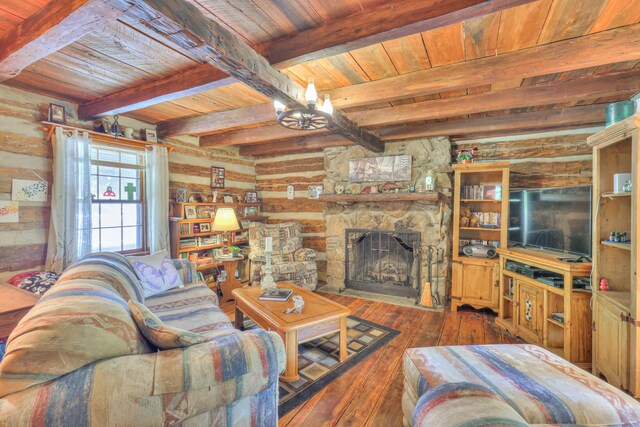 569 Hogans Branch Rd, Hendersonville, TN 37075 - living area with a wood ceiling with exposed beams, hardwood / wood-style flooring, and a fireplace