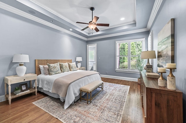 1313 Jewell Ave, Franklin, TN 37064 - bedroom with a raised ceiling, wood finished floors, ornamental molding, a ceiling fan, and recessed lighting
