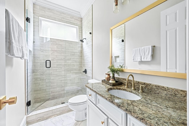 1313 Jewell Ave, Franklin, TN 37064 - full bathroom with vanity, a stall shower, marble finish floors, and ornamental molding