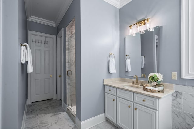1313 Jewell Ave, Franklin, TN 37064 - bathroom featuring marble finish flooring, ornamental molding, vanity, and a shower stall
