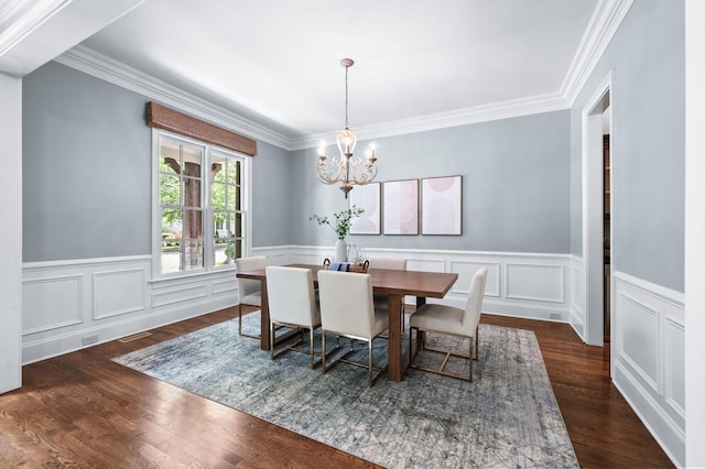 1313 Jewell Ave, Franklin, TN 37064 - dining space with a chandelier, crown molding, wainscoting, and dark wood-type flooring