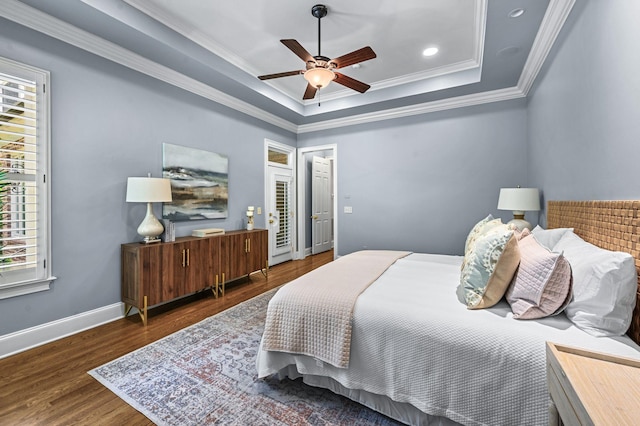 1313 Jewell Ave, Franklin, TN 37064 - bedroom with a tray ceiling, wood finished floors, crown molding, a ceiling fan, and recessed lighting