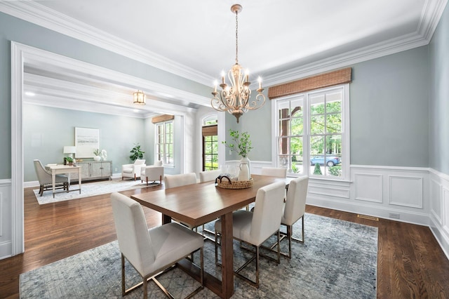 1313 Jewell Ave, Franklin, TN 37064 - dining room featuring a chandelier, wainscoting, ornamental molding, and dark wood-type flooring