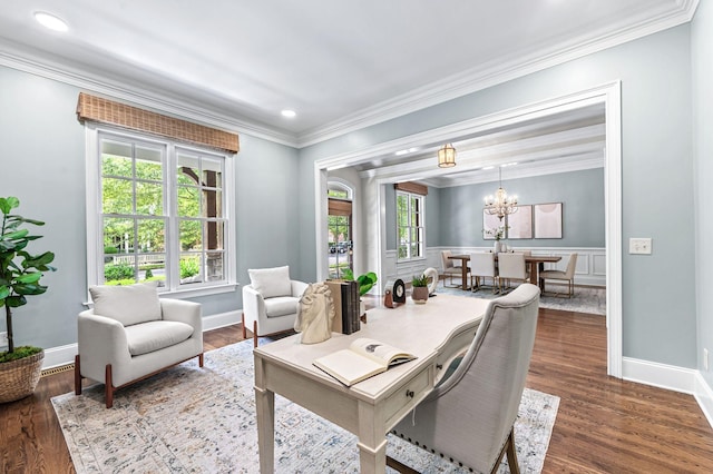 1313 Jewell Ave, Franklin, TN 37064 - home office with a chandelier, dark wood finished floors, recessed lighting, crown molding, and wainscoting