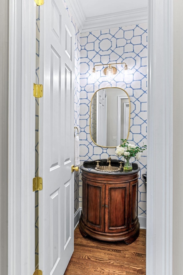 1313 Jewell Ave, Franklin, TN 37064 - bathroom with crown molding, wood finished floors, vanity, and wallpapered walls