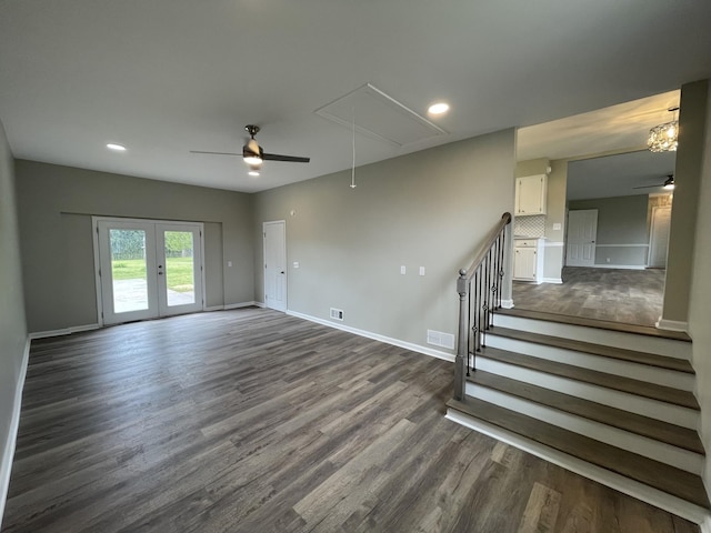 621 Buck Ln, Murfreesboro, TN 37129 - unfurnished living room featuring attic access, a ceiling fan, dark wood finished floors, recessed lighting, and french doors