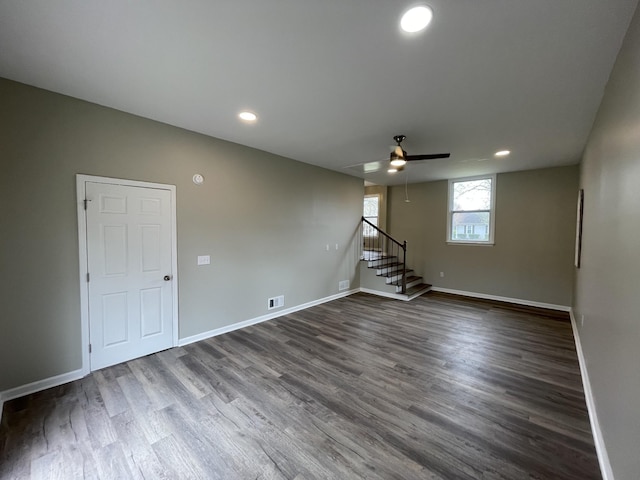 621 Buck Ln, Murfreesboro, TN 37129 - below grade area featuring dark wood-style flooring, stairway, recessed lighting, and ceiling fan