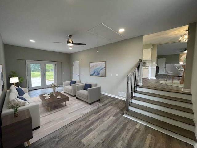 621 Buck Ln, Murfreesboro, TN 37129 - living area with attic access, wood finished floors, ceiling fan, stairs, and recessed lighting