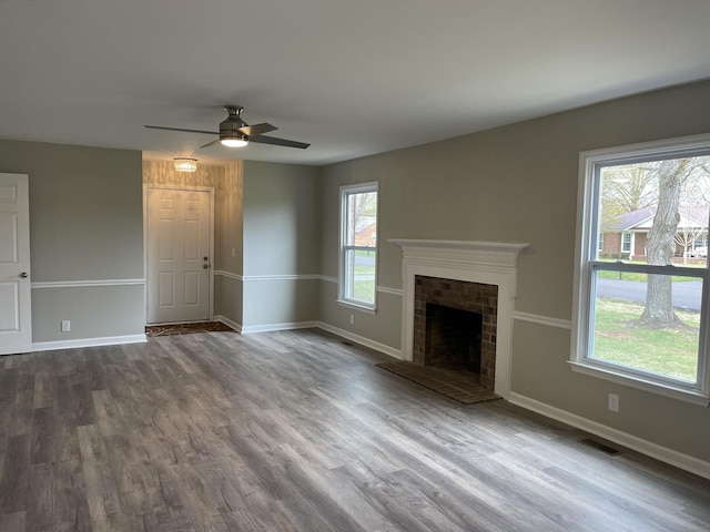 621 Buck Ln, Murfreesboro, TN 37129 - unfurnished living room with a ceiling fan, dark wood-style floors, and a fireplace
