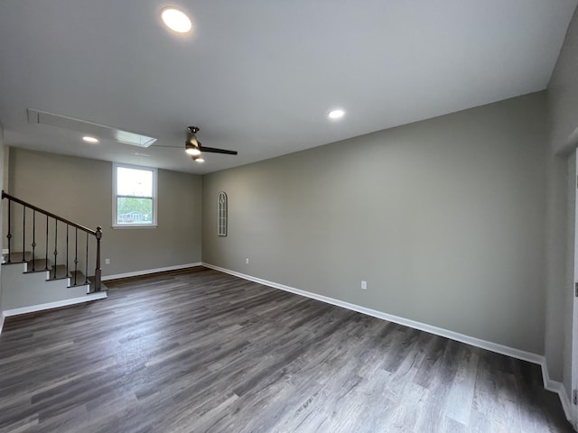 621 Buck Ln, Murfreesboro, TN 37129 - unfurnished living room with attic access, dark wood-style flooring, ceiling fan, recessed lighting, and stairway