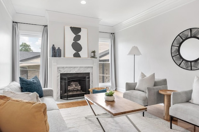 416 Sloan Rd, Nashville, TN 37209 - living room featuring ornamental molding, wood finished floors, a fireplace, and recessed lighting