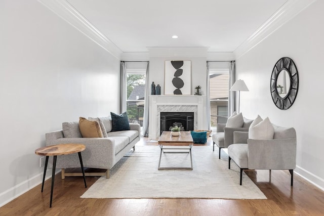 416 Sloan Rd, Nashville, TN 37209 - living area with crown molding, wood finished floors, a high end fireplace, and recessed lighting