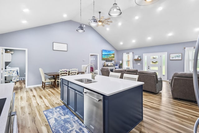 1567 Oak Knob Rd, Lafayette, TN 37083 - kitchen with dishwasher, high vaulted ceiling, open floor plan, light countertops, and light wood-style floors