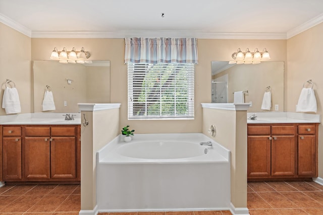 1729 Dryden Dr, Spring Hill, TN 37174 - full bathroom featuring a bath, a stall shower, tile patterned floors, crown molding, and two vanities