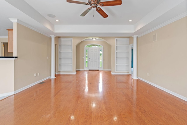 1729 Dryden Dr, Spring Hill, TN 37174 - unfurnished room featuring built in shelves, ceiling fan, decorative columns, light wood-type flooring, and recessed lighting