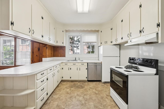 1221 W Commerce St W, Lewisburg, TN 37091 - kitchen featuring range with electric stovetop, dishwasher, under cabinet range hood, freestanding refrigerator, and open shelves