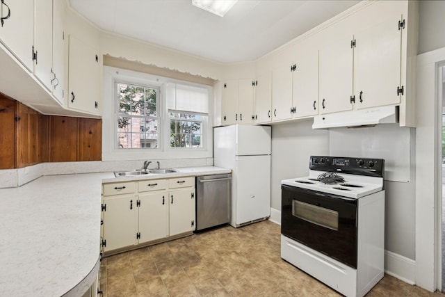 1221 W Commerce St W, Lewisburg, TN 37091 - kitchen with white appliances, under cabinet range hood, light countertops, and white cabinetry