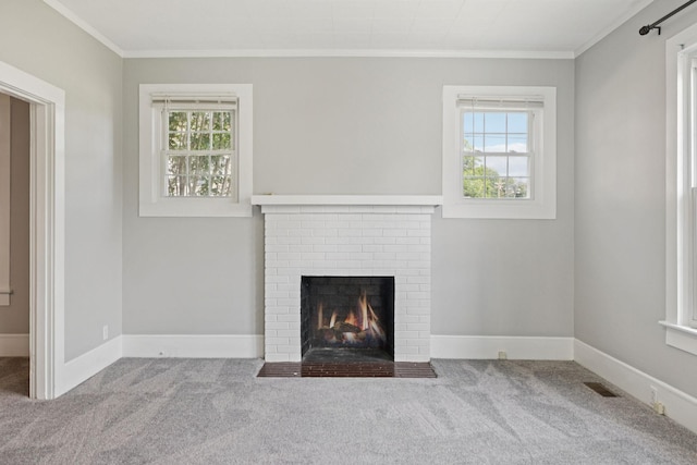 1221 W Commerce St W, Lewisburg, TN 37091 - unfurnished living room with carpet floors, crown molding, healthy amount of natural light, and a fireplace