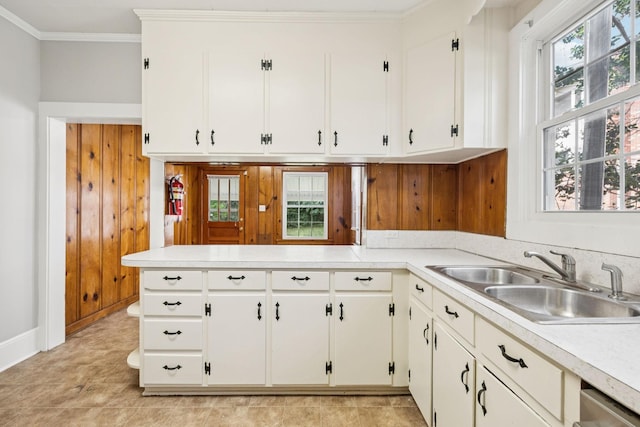 1221 W Commerce St W, Lewisburg, TN 37091 - kitchen featuring light countertops, crown molding, white cabinets, and a peninsula