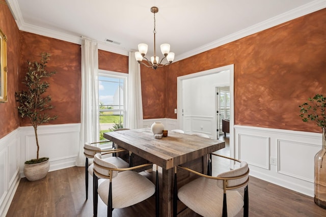 6007 Cavalry Ct, Spring Hill, TN 37174 - dining room featuring healthy amount of natural light, a chandelier, wainscoting, dark wood-style floors, and ornamental molding