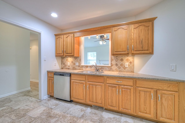 2902 Crenshaw Ct, Spring Hill, TN 37174 - kitchen featuring dishwasher, decorative backsplash, light stone counters, a ceiling fan, and recessed lighting