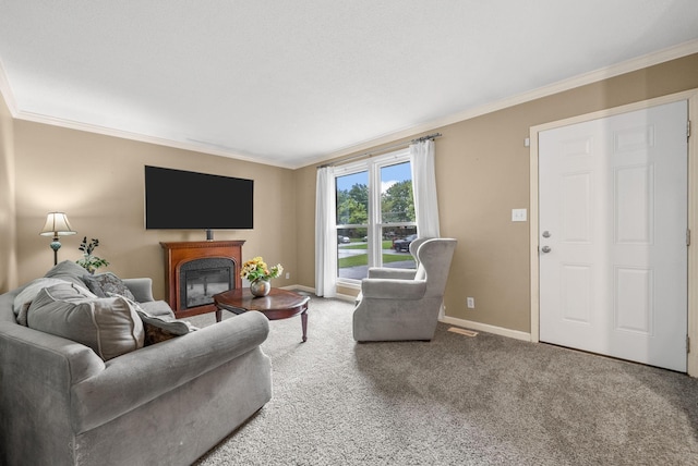 305 Barry Dr, Clarksville, TN 37040 - living room featuring crown molding, a glass covered fireplace, and carpet floors