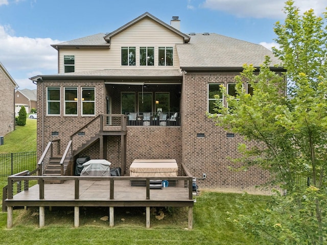 2229 Arbor Pointe Way, Hermitage, TN 37076 - back of property featuring a deck, brick siding, a chimney, stairs, and a shingled roof