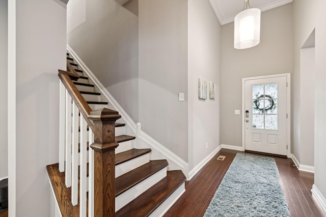2229 Arbor Pointe Way, Hermitage, TN 37076 - entrance foyer featuring stairway, dark wood-type flooring, ornamental molding, and a towering ceiling