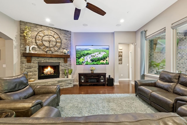 2229 Arbor Pointe Way, Hermitage, TN 37076 - living room with wood finished floors, ceiling fan, a fireplace, arched walkways, and recessed lighting