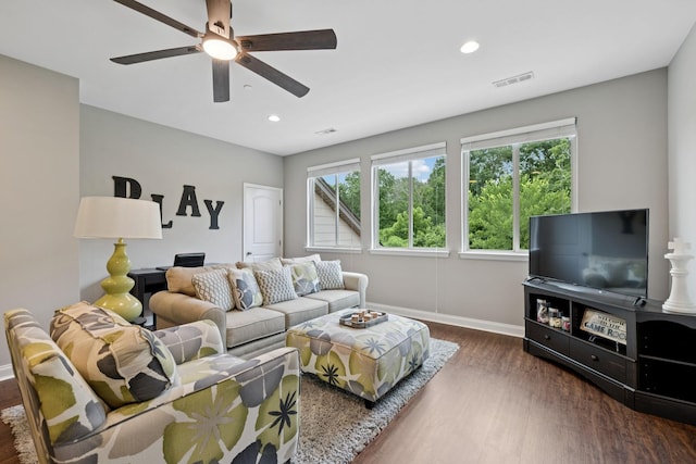 2229 Arbor Pointe Way, Hermitage, TN 37076 - living room featuring wood finished floors, a ceiling fan, and recessed lighting