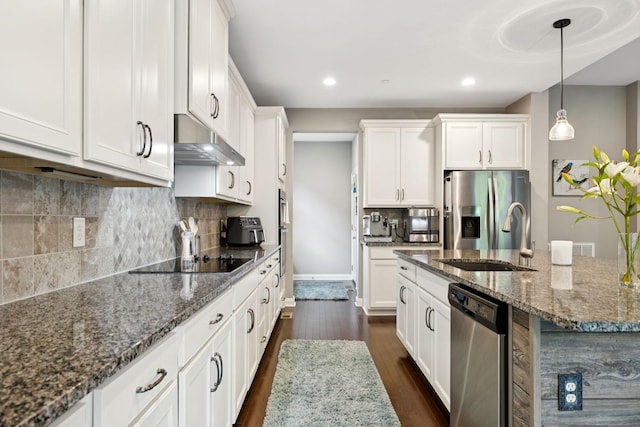 2229 Arbor Pointe Way, Hermitage, TN 37076 - kitchen with appliances with stainless steel finishes, under cabinet range hood, white cabinetry, dark stone counters, and recessed lighting