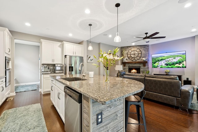 2229 Arbor Pointe Way, Hermitage, TN 37076 - kitchen with appliances with stainless steel finishes, open floor plan, a ceiling fan, recessed lighting, and a stone fireplace