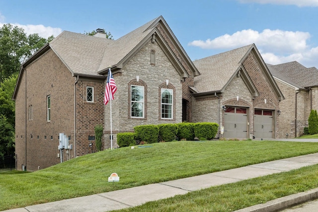 2229 Arbor Pointe Way, Hermitage, TN 37076 - view of front of house with stone siding, a front yard, an attached garage, and a chimney