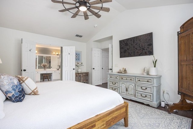 5925 Westheimer Dr, Brentwood, TN 37027 - bedroom featuring lofted ceiling, ensuite bath, a ceiling fan, and wood finished floors
