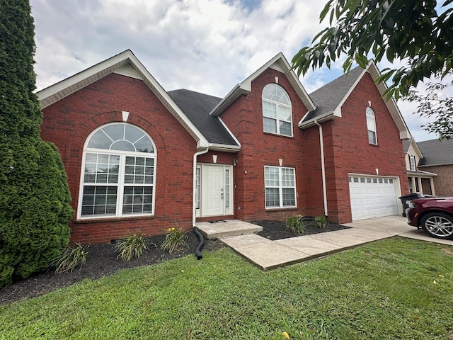 5024 Republic Ave, Murfreesboro, TN 37129 - view of front facade with brick siding, an attached garage, a front yard, concrete driveway, and roof with shingles