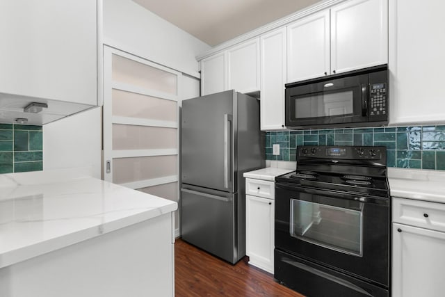 8441 Callabee Way # 14, Antioch, TN 37013 - kitchen with black appliances, white cabinets, backsplash, light stone countertops, and dark wood-type flooring
