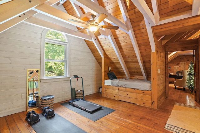 1455 Shell Rd, Goodlettsville, TN 37072 - exercise room featuring lofted ceiling, hardwood / wood-style floors, wooden walls, a ceiling fan, and wood ceiling