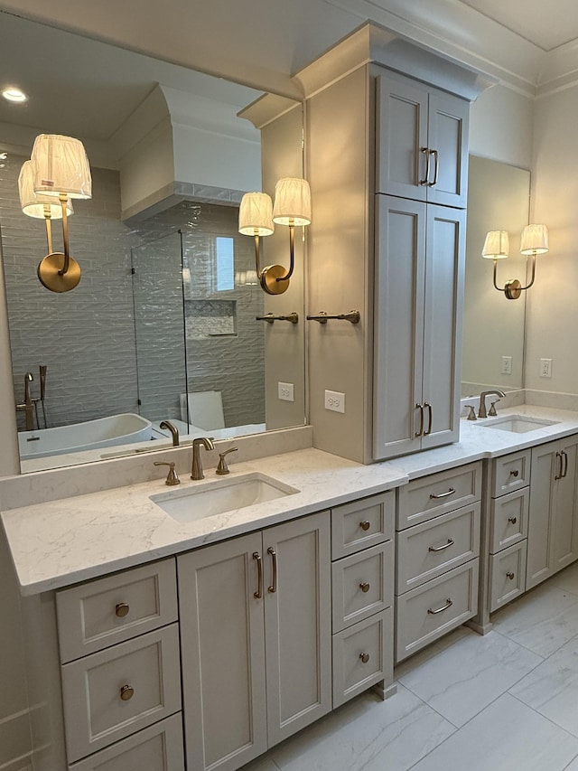 8007 Southvale Blvd, Franklin, TN 37064 - full bathroom featuring double vanity, marble look tiles, a tile shower, ornamental molding, and recessed lighting